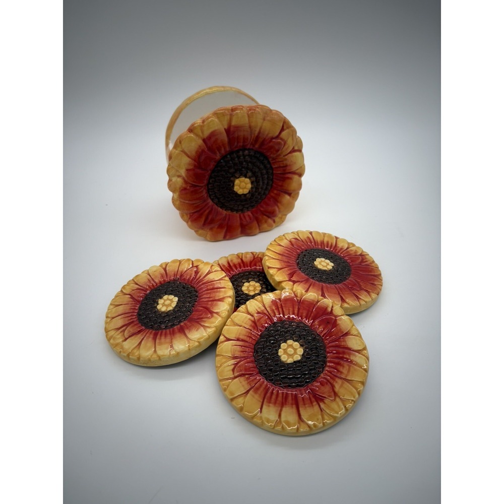 Sunflower Coasters Set Of 4 Holder CottageCore FARMHOUSE Floral Ceramic‎